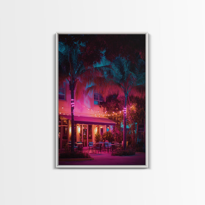 Vibrant Nighttime Tropical Outdoor Cafe Scene In Pink And Blue Modern Wall Art Canvas Print