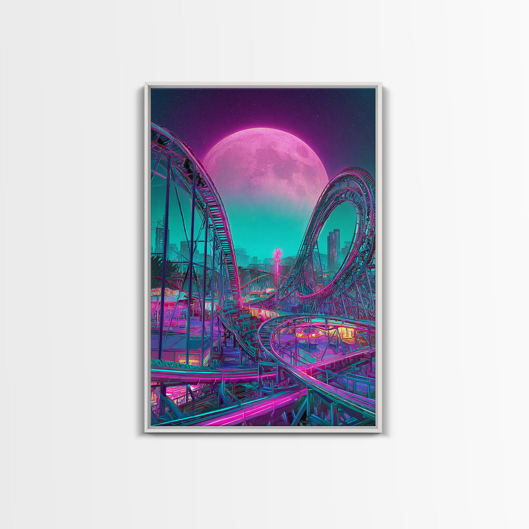 Vibrant Retro Futuristic Roller Coaster Scene With Neon Pink Moon Wall Art Canvas Print For Gamers Room Decor