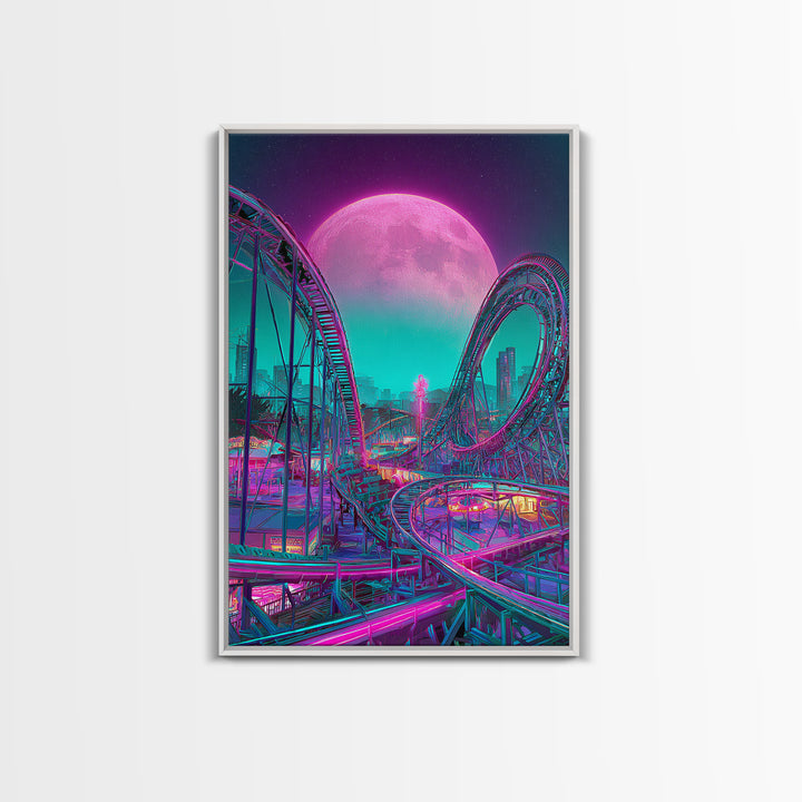 Vibrant Retro Futuristic Roller Coaster Scene With Neon Pink Moon Wall Art Canvas Print For Gamers Room Decor