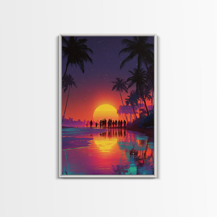 Modern Vibrant Sunset Beach Scene With People Silhouettes Wall Art Framed Canvas Print For Coastal Home Decor