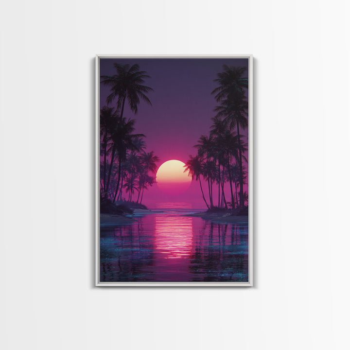 Gentle Pink Purple Tropical Sunset Over Calm Ocean With Palm Trees Wall Art For Relaxing Bedroom Decor