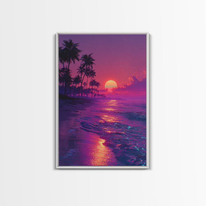 Vibrant Retro Sunset Beach Scene With Palm Trees Silhouettes Wall Art Canvas Print For Home Decor And Living Room
