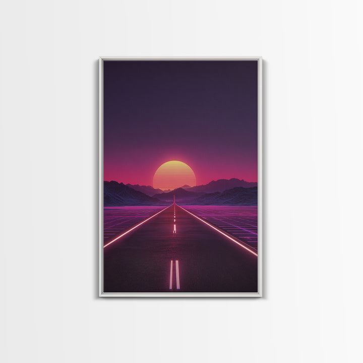 Offbeat Neon Retro Futuristic Road Sunset Digital Art Wall Art Canvas Print Trendy Modern Decor For Bedroom And Office