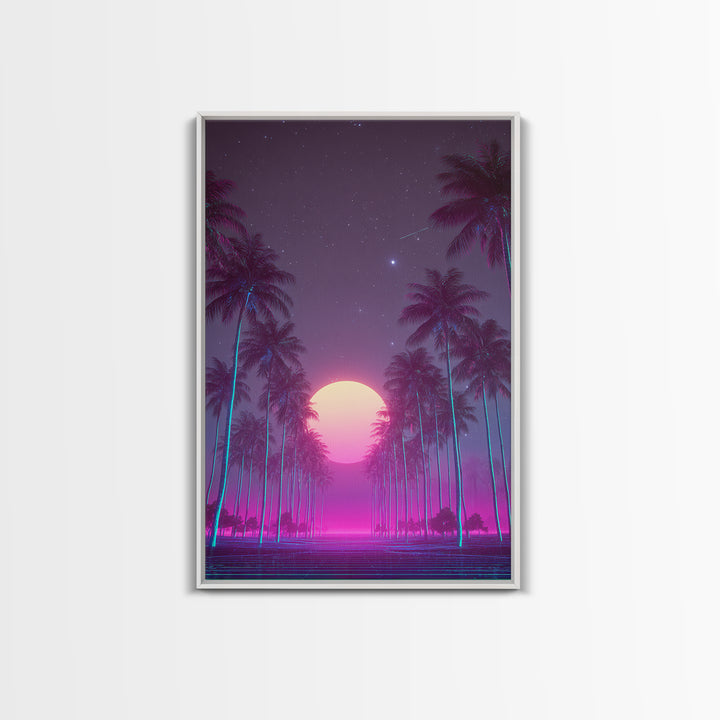 Retro Futuristic Neon Highway Leading To Large Vibrant Sun Over Palm Trees Digital Canvas Print Wall Art