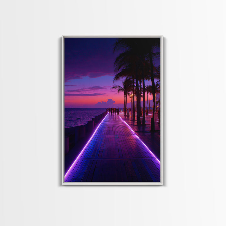 Neon Purple Boardwalk With Palm Trees At Twilight Coastal Photography - Canvas Print Modern Wall Art For Home Decor