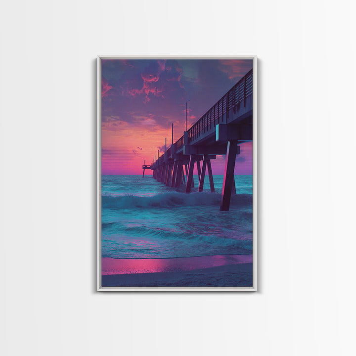 Mystical Purple And Blue Ocean Pier Sunset Wall Art Print For Beach House And Coastal Decor Canvas Print