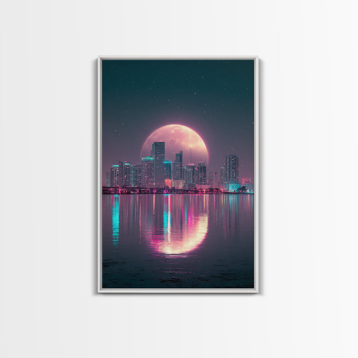 Giant Pink Moon Over Tropical Cityscape Sunset Urban Modern Wall Art Canvas Print