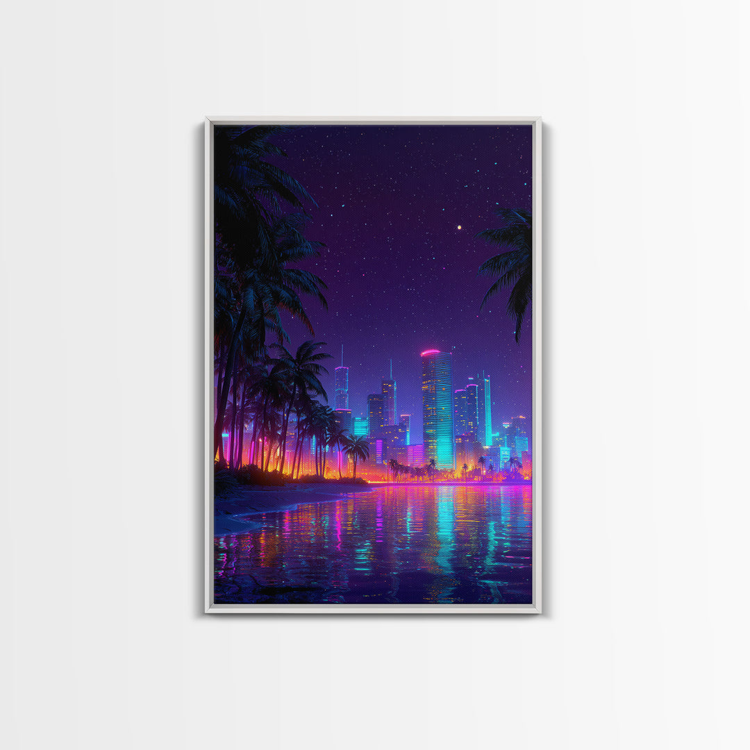 Neon Cityscape At Night With Reflections And Palm Trees Wall Art Framed Canvas Print For Modern Living Room Decor