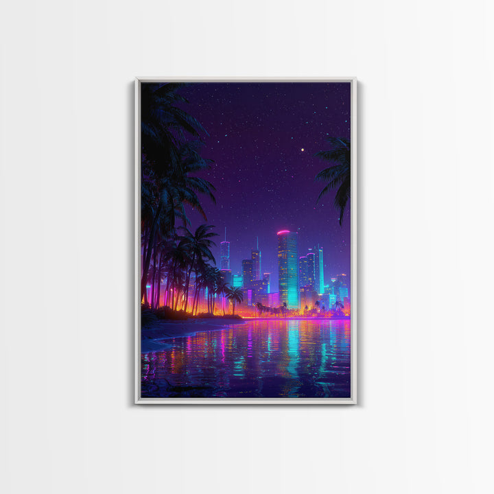 Neon Cityscape At Night With Reflections And Palm Trees Wall Art Framed Canvas Print For Modern Living Room Decor