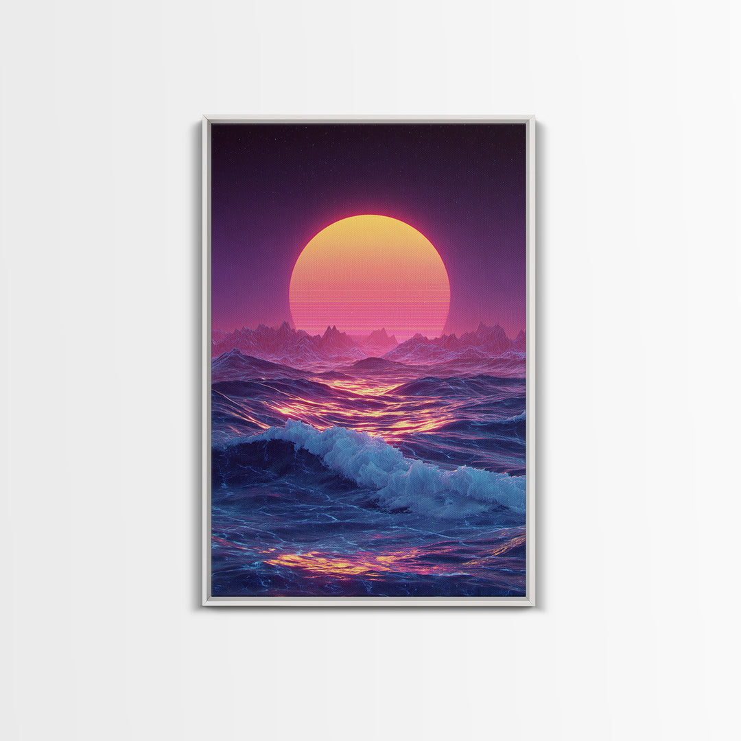 Retro Futuristic Neon Pink And Purple Surreal Landscape Digital Wall Art Framed Canvas Print