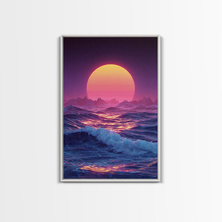 Retro Futuristic Neon Pink And Purple Surreal Landscape Digital Wall Art Framed Canvas Print