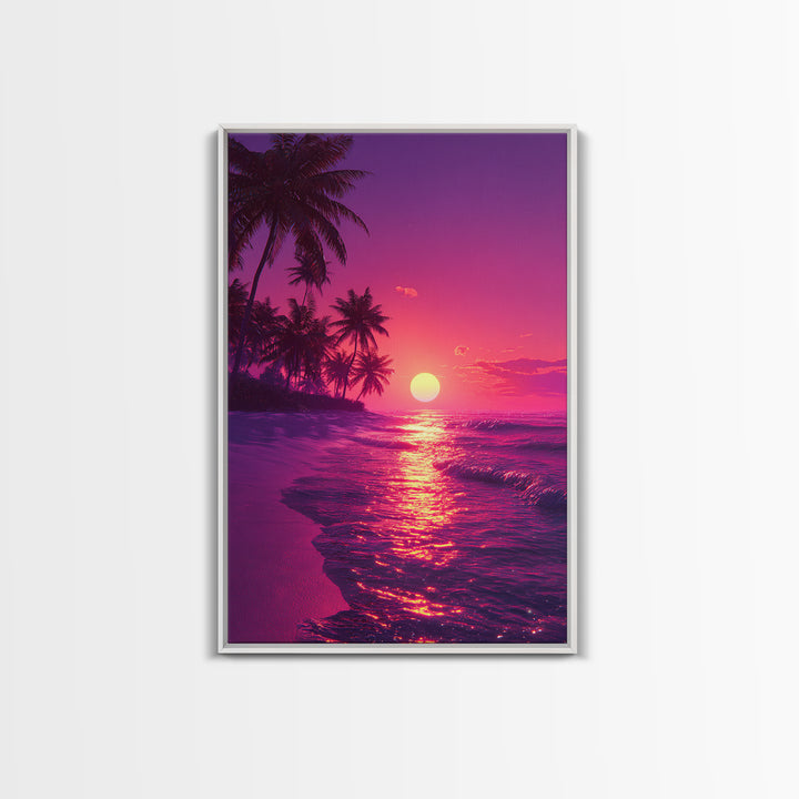 Tropical Sunset Beach Landscape Canvas Print With Pink Palm Trees And Ocean Waves Coastal Wall Art Home Decor For Living Room