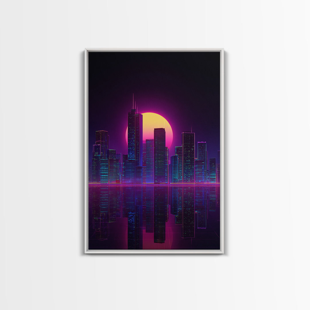 Futuristic Neon Cityscape With Purple And Pink Sunset Sci-Fi Wall Art Framed Canvas Print For Modern Living Room Decor