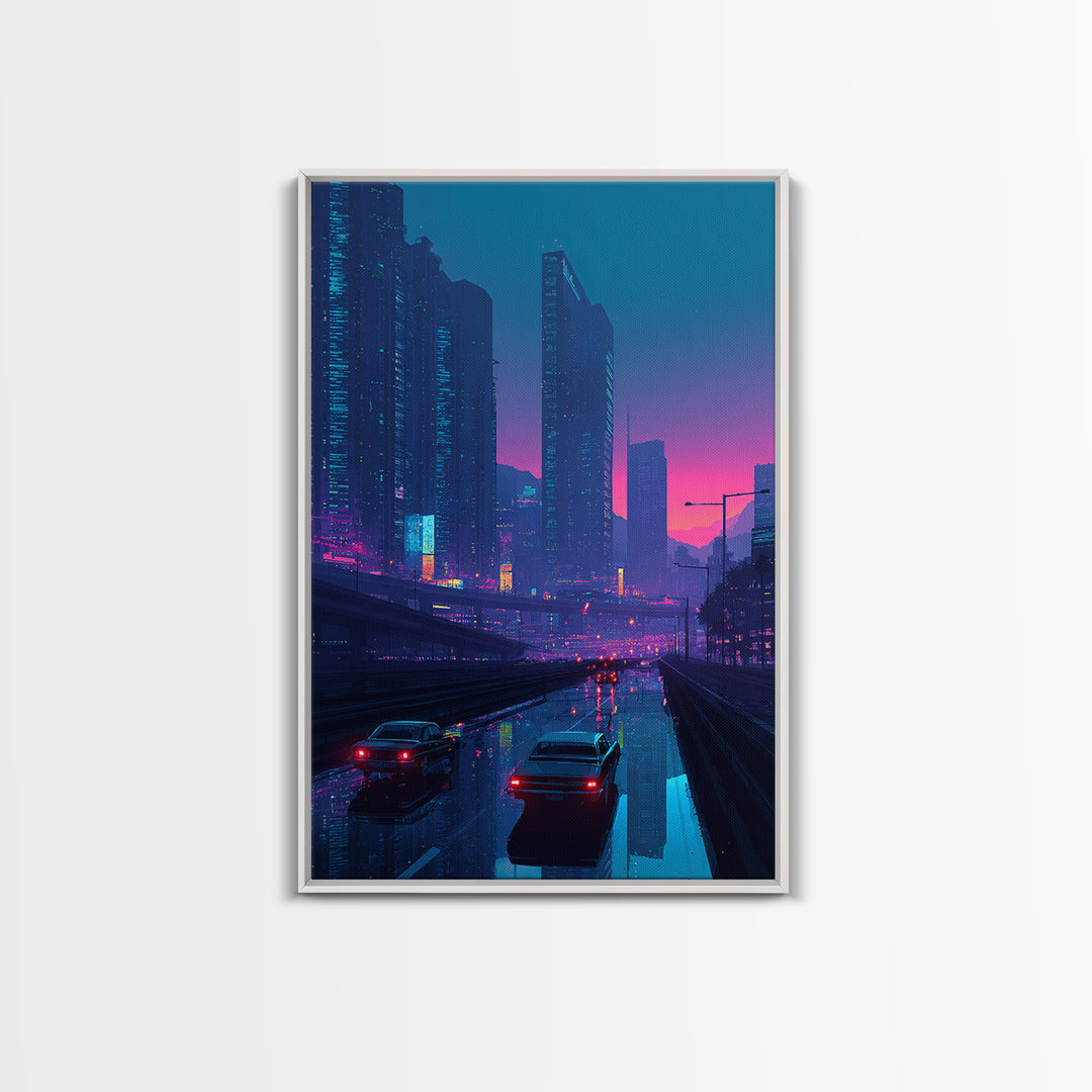 Cyberpunk Cityscape At Dusk With Neon Lights And Rain Reflections Modern Wall Art For Home Decor And Office
