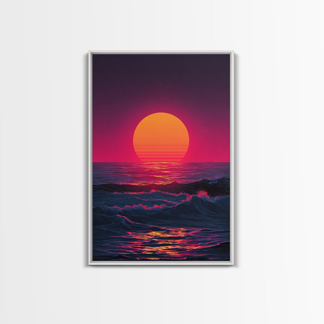 Vibrant Retro Abstract Neon Sunset Over Ocean Waves With Pink And Purple Horizon Wall Art Canvas Print For Bold Home Decor