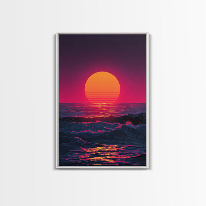 Vibrant Retro Abstract Neon Sunset Over Ocean Waves With Pink And Purple Horizon Wall Art Canvas Print For Bold Home Decor