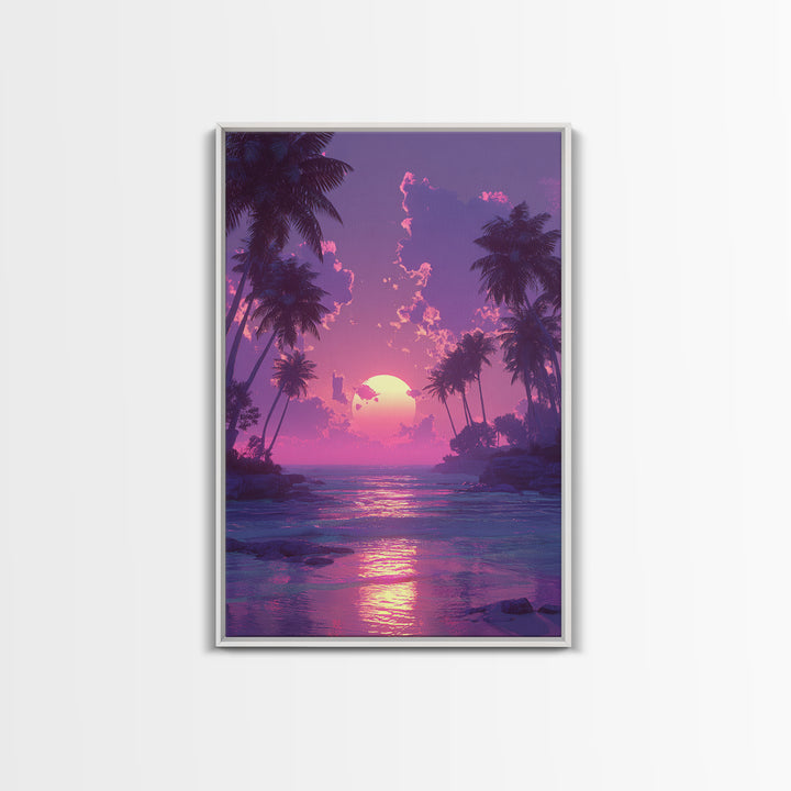 Peaceful Pink Purple Sunset Between Palm Trees Over Gentle Ocean Waves Framed Canvas Print For Home