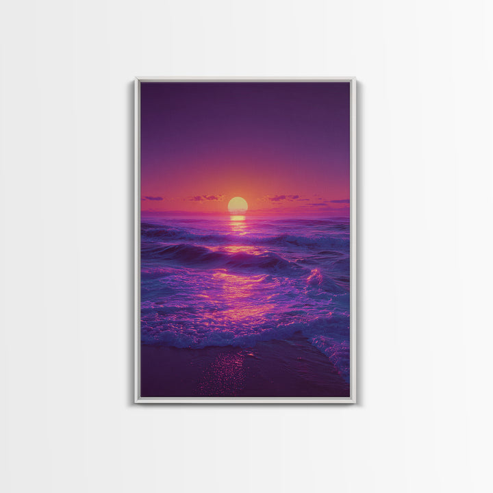 Surreal Ocean Sunset With Deep Purple And Pink Hues Canvas Print For Bedroom Wall Art And Coastal Home Decor