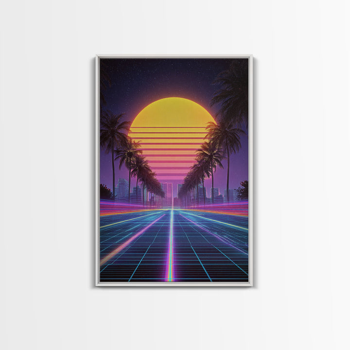 Retro Sunset Over Neon Cityscape With Palm Trees Digital Wall Art Framed Canvas Print Modern Wall Decor