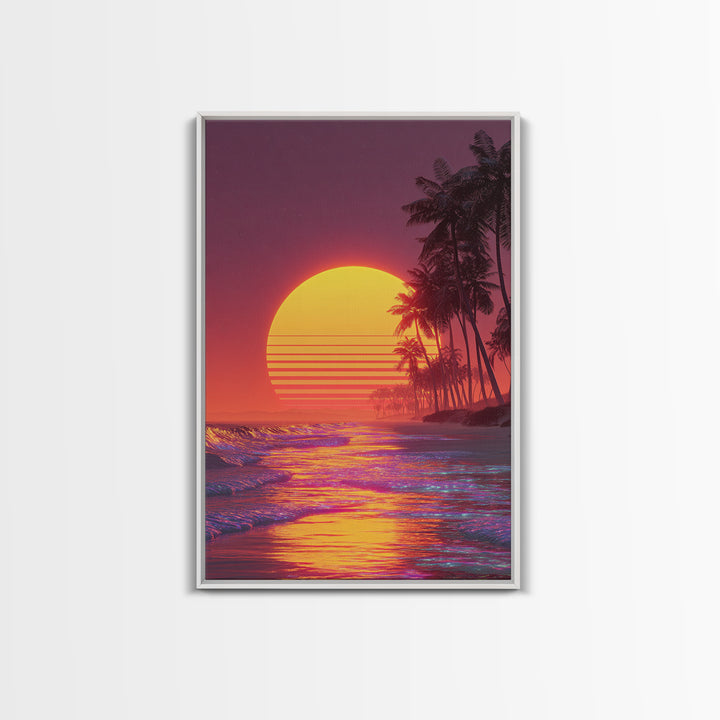 Bright Neon Orange Sun Over Tropical Beach Palm Trees With Stunning Waves Canvas Print Vibrant Modern Wall Art For Home