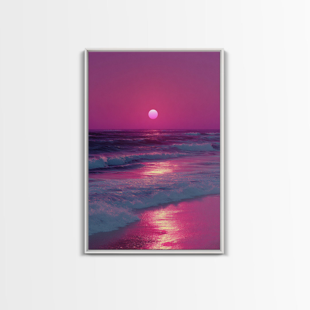 Vibrant Pink Sunset Over Ocean Waves With Reflective Light Coastal Wall Art Canvas Print For Beach House