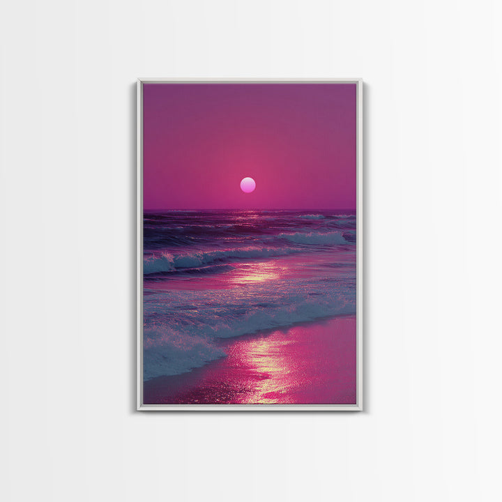 Vibrant Pink Sunset Over Ocean Waves With Reflective Light Coastal Wall Art Canvas Print For Beach House