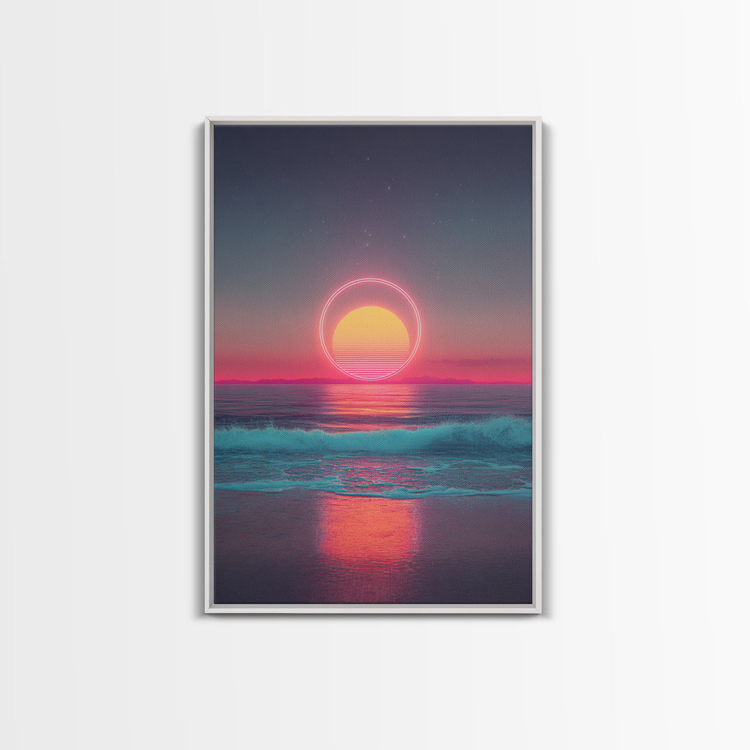 Digital Neon Sunset Ocean With Circular Glow Abstract Waves Modern Wall Art Large Framed Canvas Print Coastal Decor