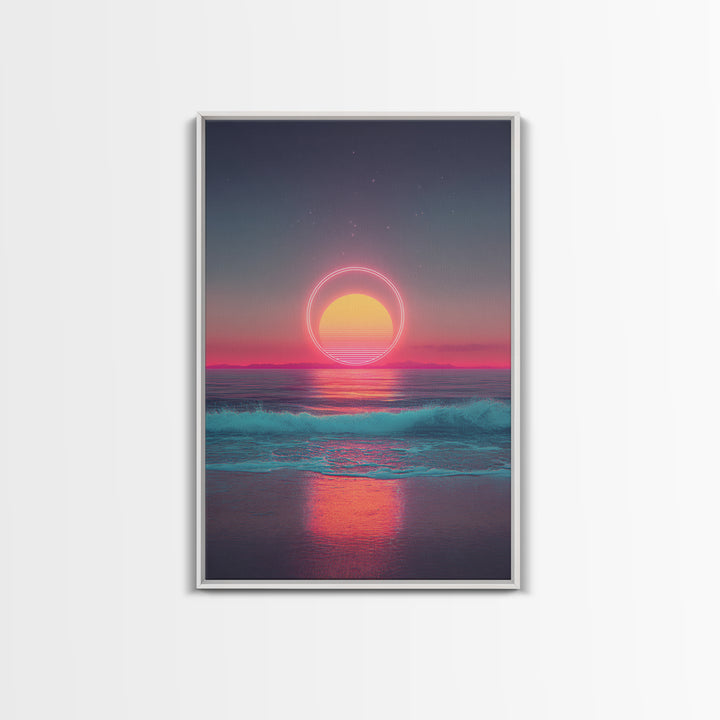 Digital Neon Sunset Ocean With Circular Glow Abstract Waves Modern Wall Art Large Framed Canvas Print Coastal Decor