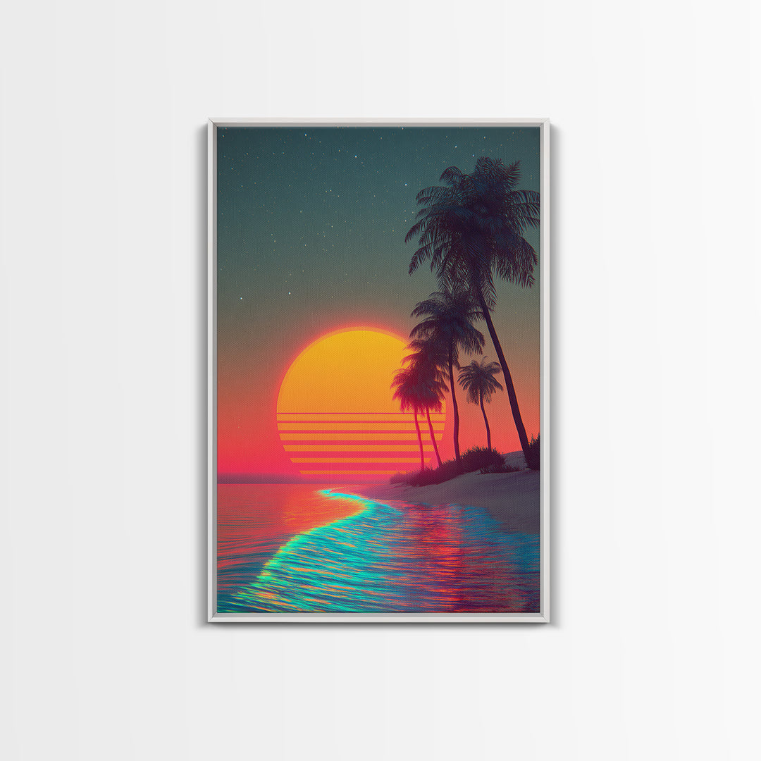 Retro Sunset Beach Landscape With Vibrant Neon Ocean Waves And Palm Trees Canvas Print For Modern Coastal Home Decor