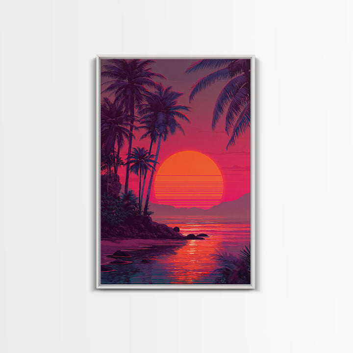 Evocative Tropical Sunset Island Coastal Artwork With Vibrant Red And Pink Sky Canvas Print For Modern Tropical Wall Decor