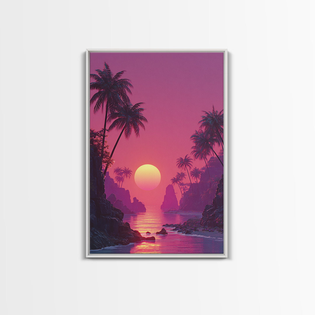 Stunning Pink Sunset Tropical Beach Landscape With Palm Trees Wall Art Canvas Print For Coastal Home Decor And Bedroom