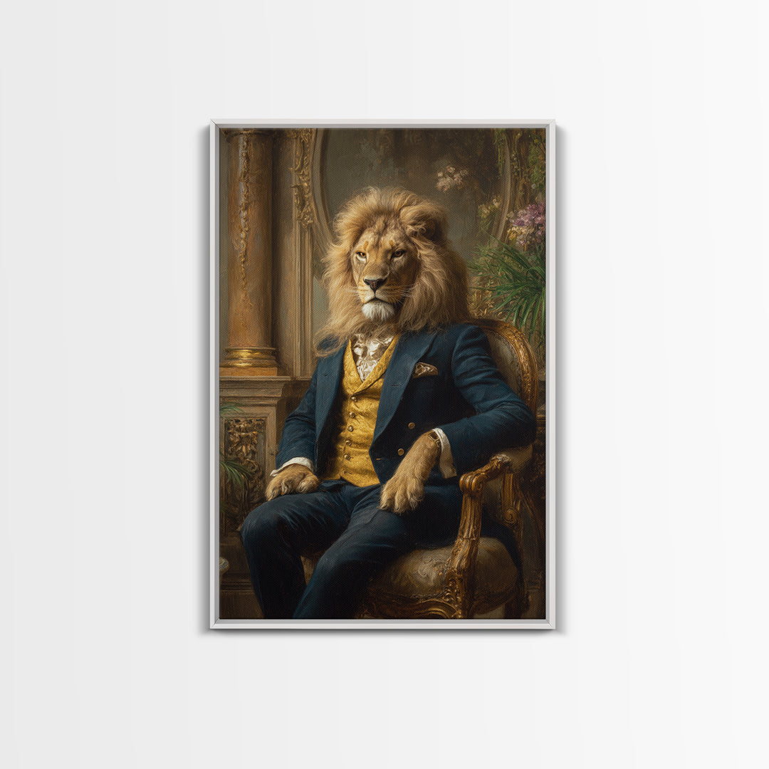 Noble Lion In Blue Suit On Gilded Throne Canvas Print, Regal Animal Wall Art, Luxury Maximalist Office Decor Gift For Him