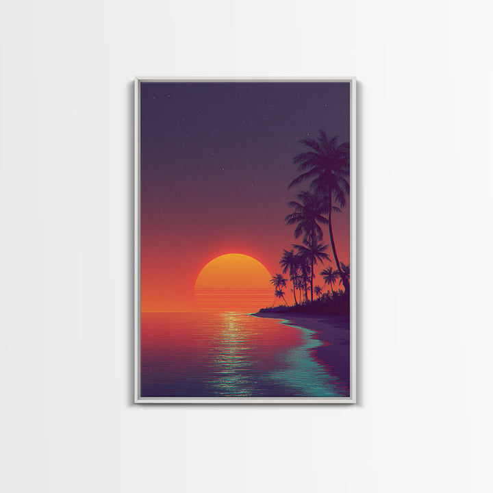Vibrant Retro Sunset Over Tropical Beach Digital Artwork Modern Wall Art Framed Canvas Print Coastal Home Decor