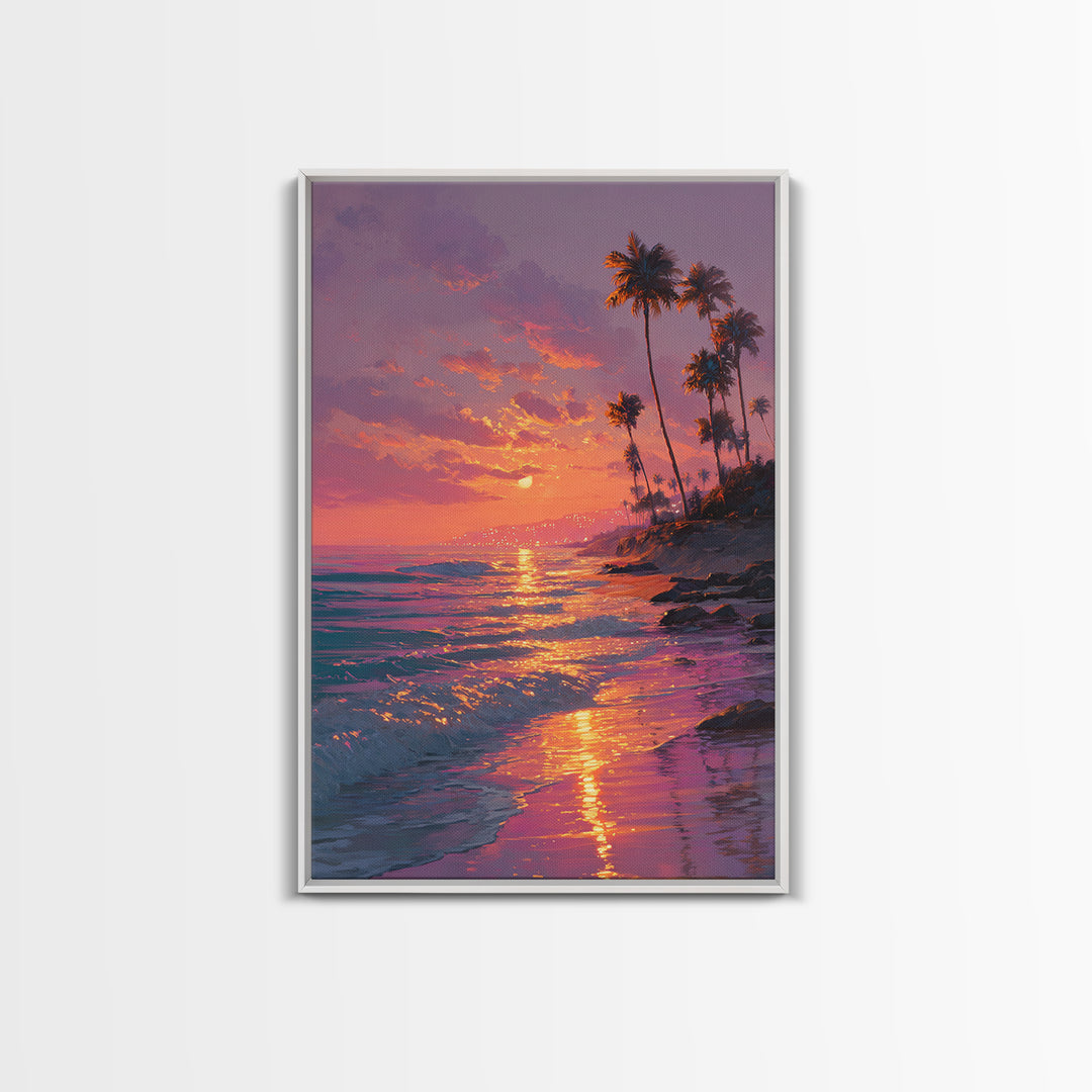 Palm Trees Sunset Beach Landscape Painting Wall Art Canvas Print For Cozy Living Room Modern Coastal Wall Decor