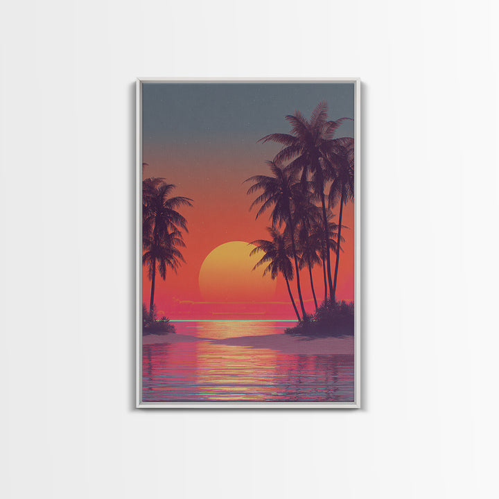 Tropical Sunset Beach Scene Wall Art With Palm Trees And Vibrant Coral Sky Framed Canvas Print Perfect For Coastal Home Decor