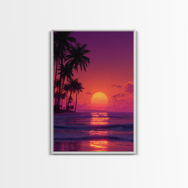 Vibrant Retro Sunset Beach Palm Tree Painting Wall Art Print For Bedroom And Coastal Home Decor Canvas Print