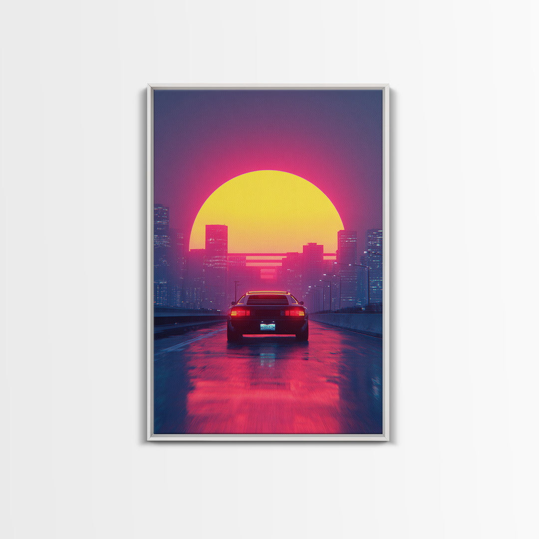 Retro Futuristic Neon Cityscape With Classic Car Sunset Wall Art Canvas Print Gaming Room Decor Modern Urban Art