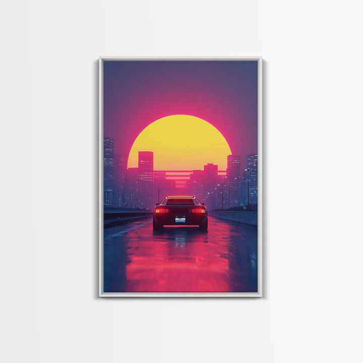 Retro Futuristic Neon Cityscape With Classic Car Sunset Wall Art Canvas Print Gaming Room Decor Modern Urban Art