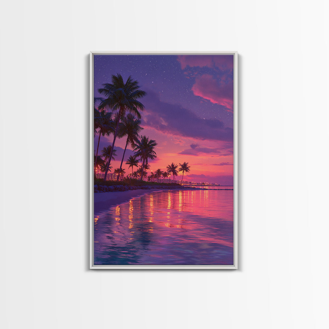 Vibrant Miami Beach Twilight With Palm Trees And City Lights Wall Art Print Canvas Wall Art Coastal Home Decor Gift For Beach Lovers