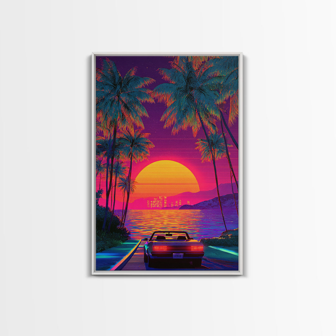 Retrowave Neon Sunset With Palm Trees And Convertible Car Canvas Print For Modern Wall Art Coastal Home Decor