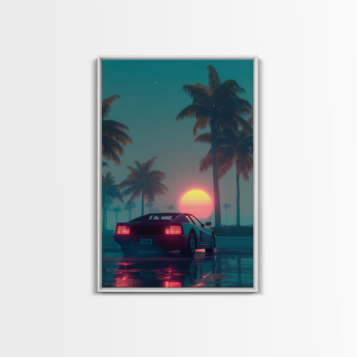Retro Futuristic Car At Sunset Surrounded By Palm Trees With Neon Glow Vibrant Digital Art Canvas Print