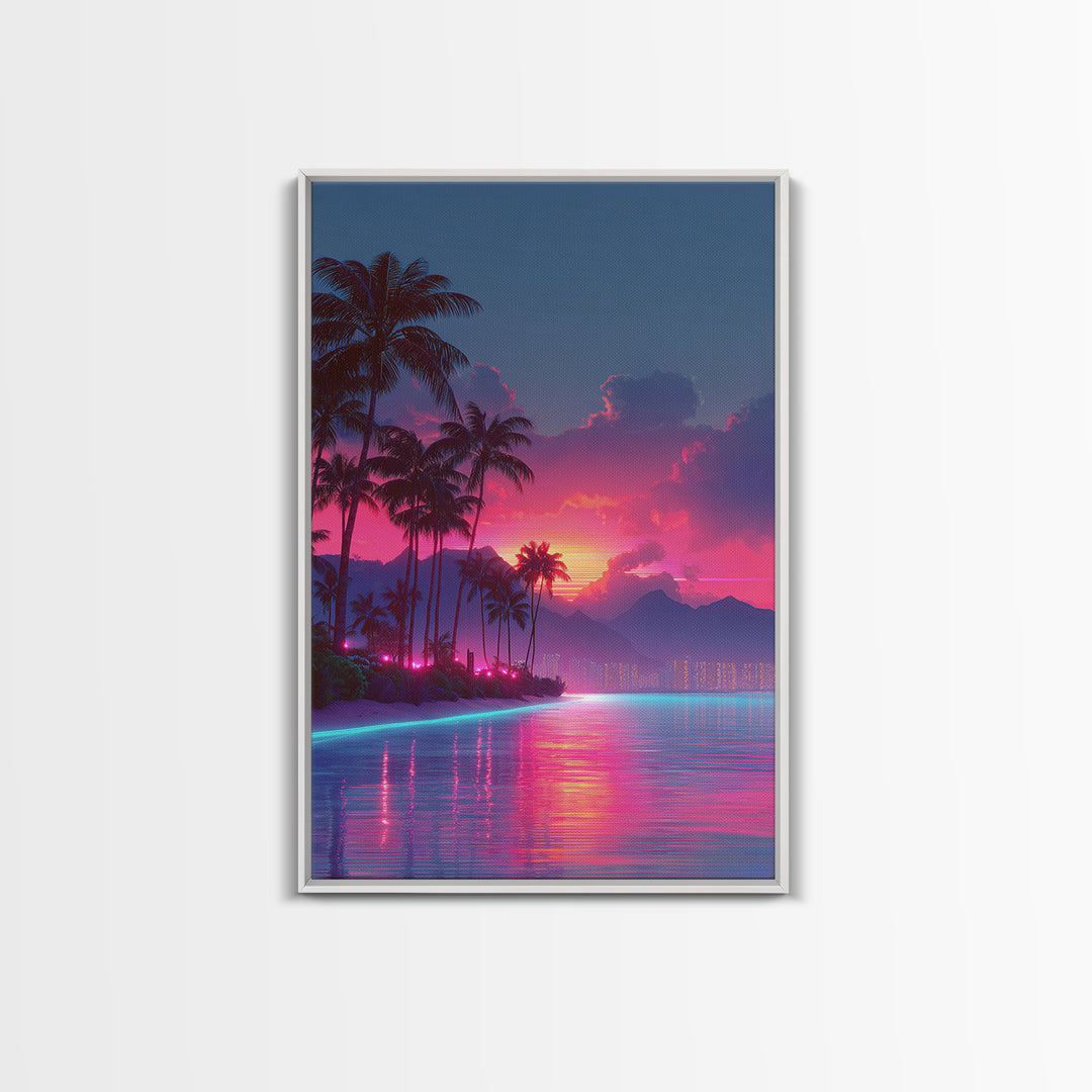 Vibrant Sunset Over Tropical Beach With Palm Trees And Reflective Ocean Modern Wall Art Print Canvas