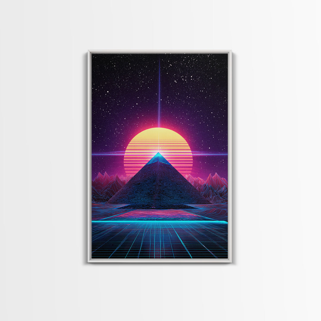 Retro Futuristic Neon Pyramid With Sun And Stars Canvas Print Modern Wall Art For Sci Fi Home Decor And Office