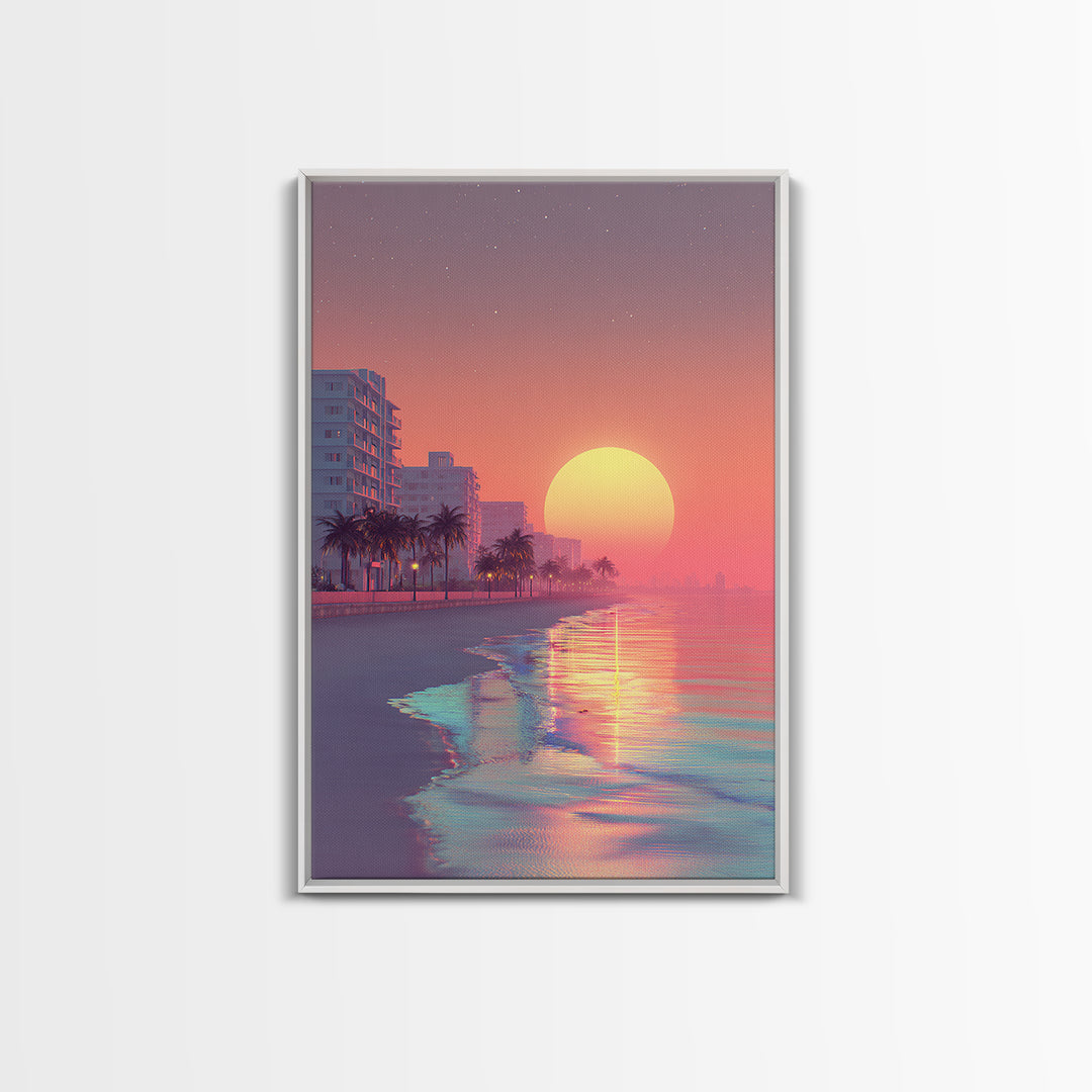 Peaceful Urban Beach Boardwalk Sunset Vibrant Wall Art Canvas Print For Contemporary Living Room Decor Tropical Coastal Vibes