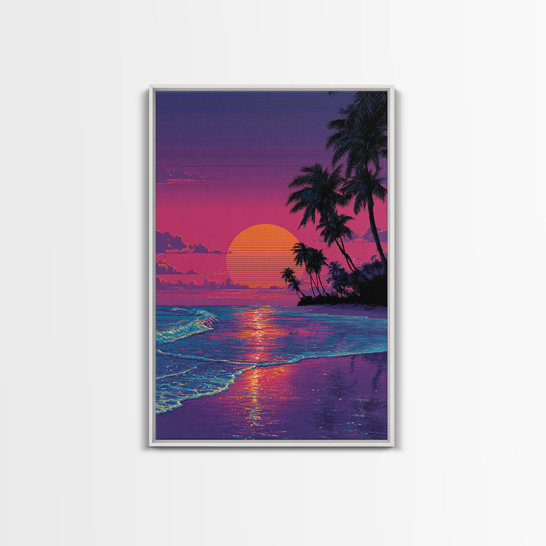 Digital Tropical Beach Sunset Wall Art Vibrant Retro Canvas Print For Coastal Living Room Decor And Relaxing Home Vibes
