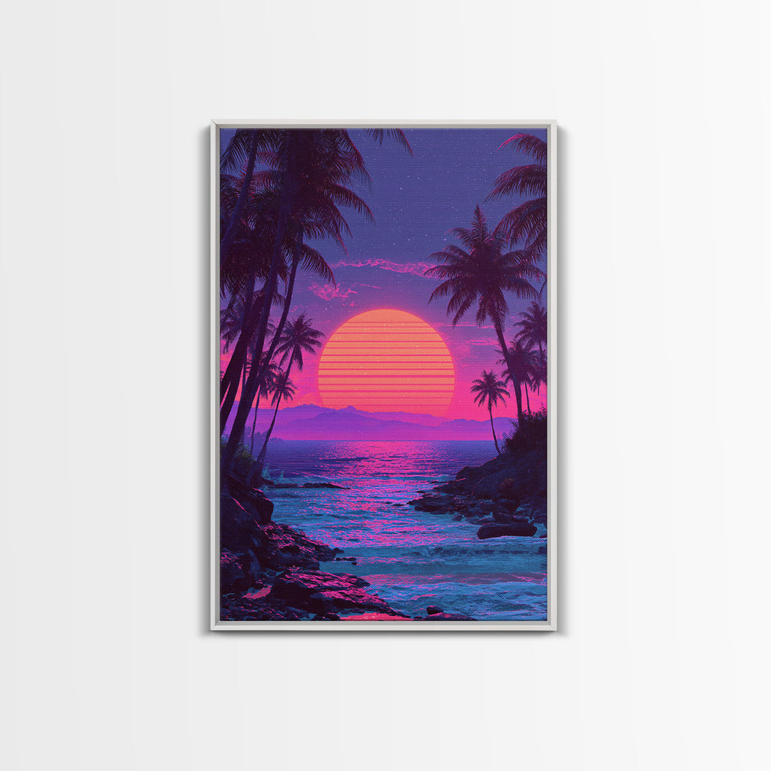 Vibrant Pink And Purple Tropical Beach Sunset With Palm Trees And Calm Ocean Retro Style Canvas Print