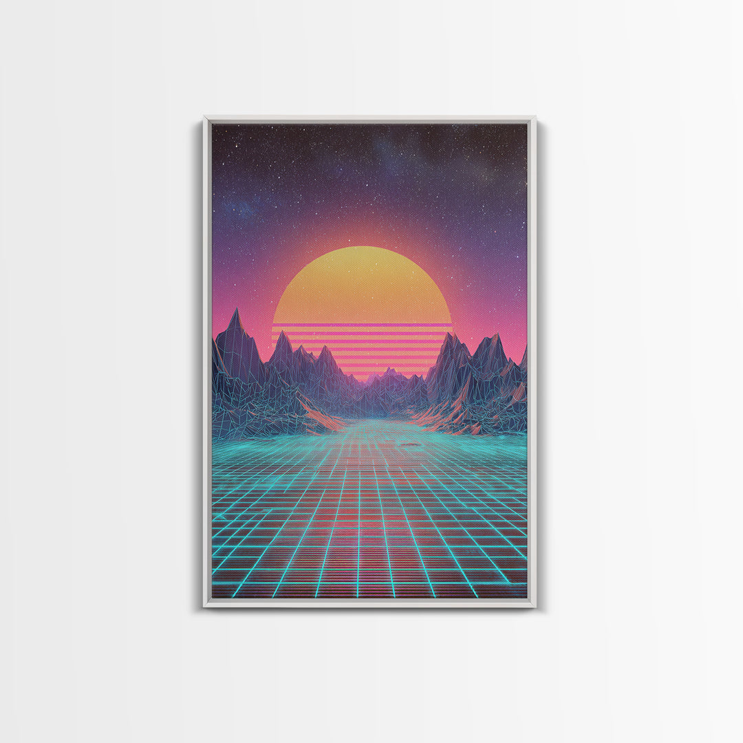 Retro Futuristic Synthwave Neon Sunset Over Wireframe Mountains Wall Art Print For Bedroom Decor Contemporary Canvas Print