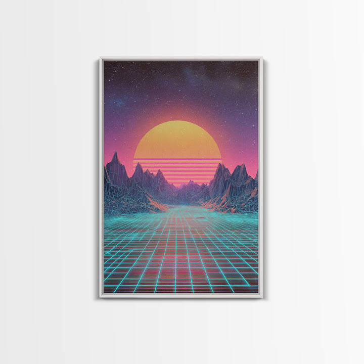Retro Futuristic Synthwave Neon Sunset Over Wireframe Mountains Wall Art Print For Bedroom Decor Contemporary Canvas Print