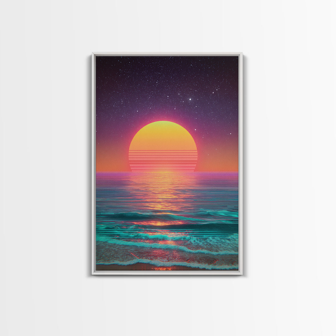 Digital Neon Sunset Ocean Wave Artwork Vibrant Abstract Modern Wall Art Large Framed Canvas Print Coastal Home Decor