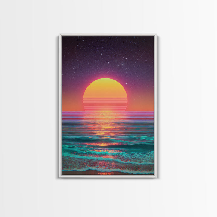 Digital Neon Sunset Ocean Wave Artwork Vibrant Abstract Modern Wall Art Large Framed Canvas Print Coastal Home Decor